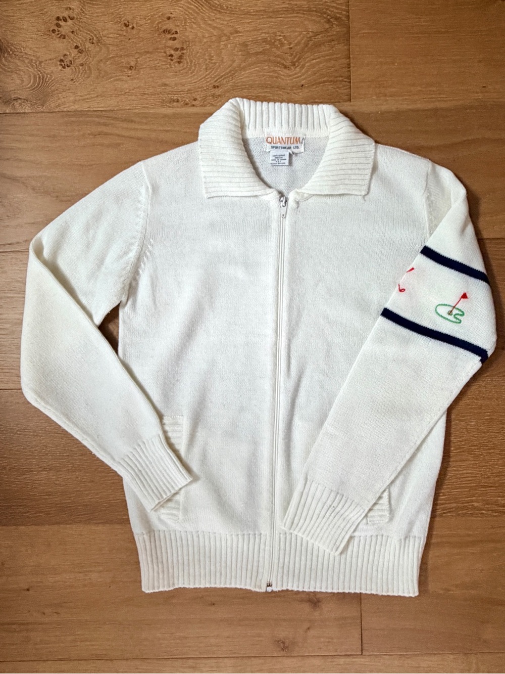VTG 70s Embroidered Golf Cardigan Knit Sweater Cream Quantum Sportswear W Medium